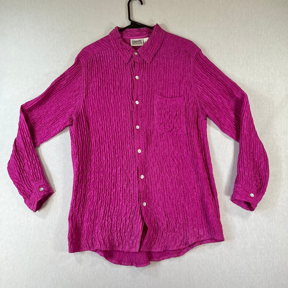 Chicos Design Silk Top 2 Magenta Pink 100% Silk Crinkle Plisse Button Down Shirt